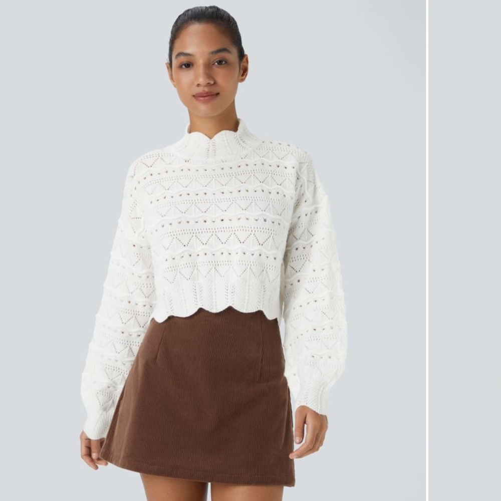 Mock Neck Bishop Sleeve Scallop Hem Open Knit Casual Sweater